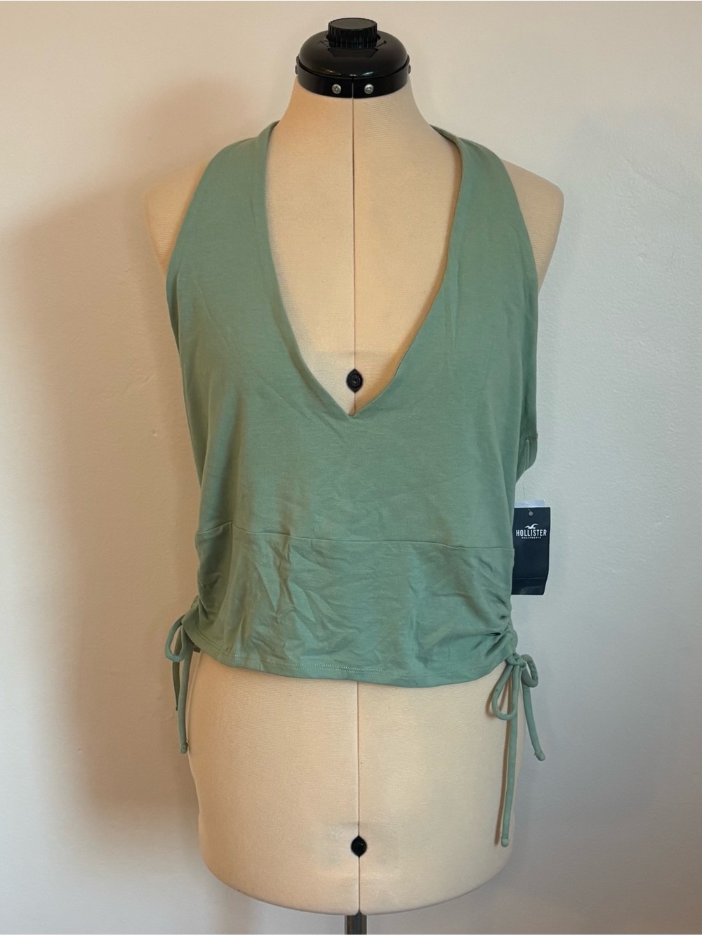 Hollister Sage Green Halter V-Neck Side Cinch Tie Casual Crop Top, NWT, XXL